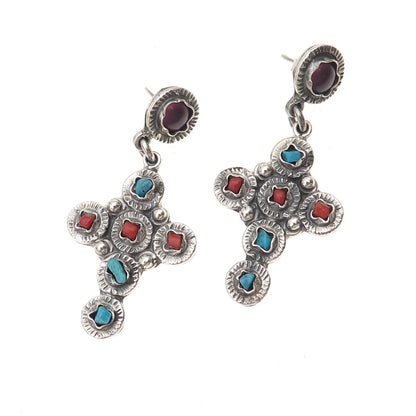 925 Sterling Silver Vintage Mexico Real Turquoise Coral Amethyst Cross Earrings