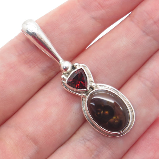SAJEN 925 Sterling Silver Vintage Real Agate & Red Garnet Gemstone Pendant