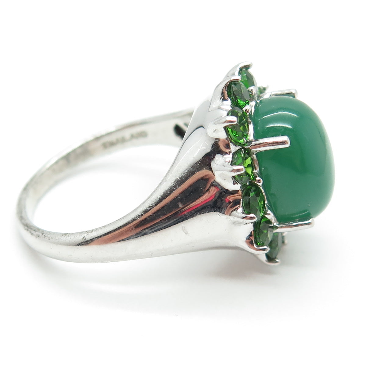 925 Sterling Silver Real Cabochon Jade & Round-Cut Peridot Ring Size 11