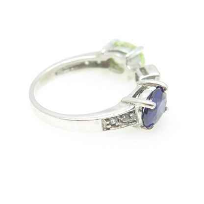 925 Sterling Silver Real Amethyst Peridot & Round-Cut C Z Ring Size 8