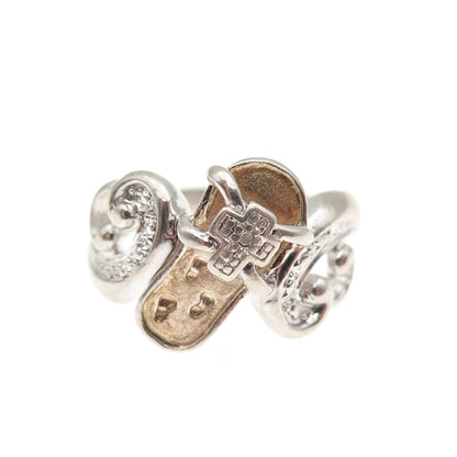 925 Sterling Silver 2-Tone Real Diamond Accent He Walks w/ Me Cross Ring Size 6