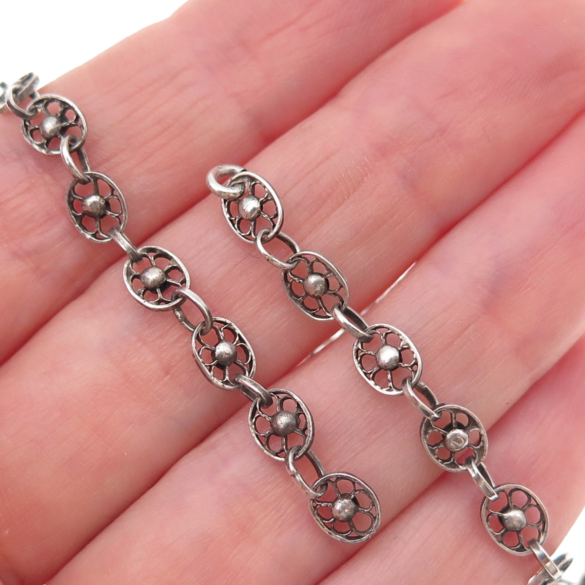 925 Sterling Silver Antique Art Deco Floral Filigree Necklace 28" (missing lock)