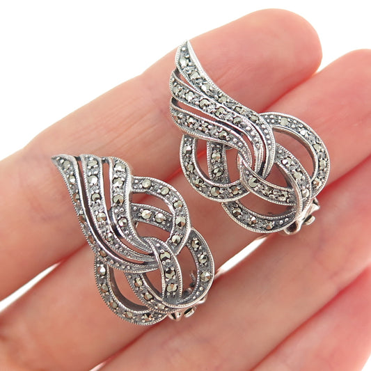 925 Sterling Silver Vintage Real Marcasite Flame Oxidized Clip On Earrings