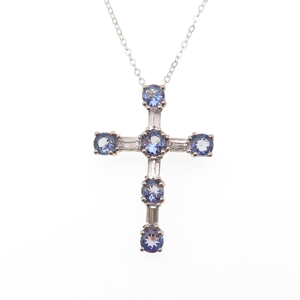 Chuck Clemency 925 Sterling Silver Real Tanzanite White Topaz Cross Necklace 20"