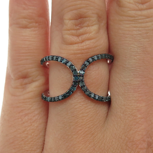 925 Sterling Silver Real Round-Cut Fancy Blue Diamond Hug Ring Size 7.25