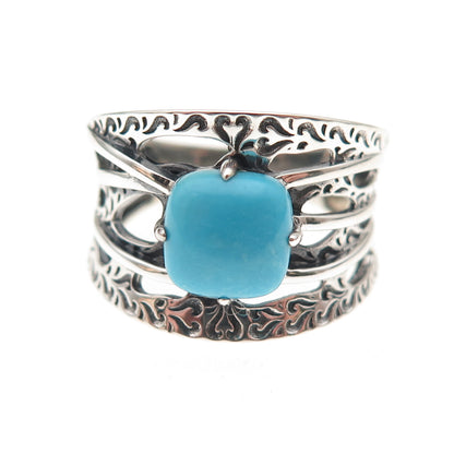 925 Sterling Silver Real Sleeping Beauty Turquoise Floral Oxidized Ring Size 8