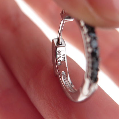 925 Sterling Silver Real Round-Cut Black Spinel Hoop Earrings