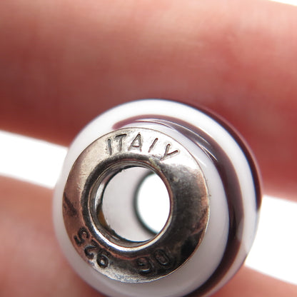 925 Sterling Silver QG Italy Chocolate & White Murano Glass Bead Charm