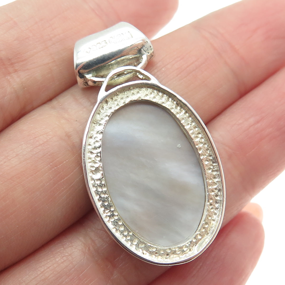 925 Sterling Silver Vintage Real Mother-of-Pearl Oval Slide Pendant