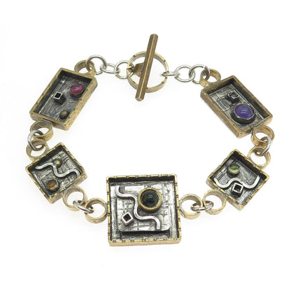 M. LUCIUK 925 Sterling Silver 2-Tone Vintage Multi-Gem Modernist Bracelet 6.5"