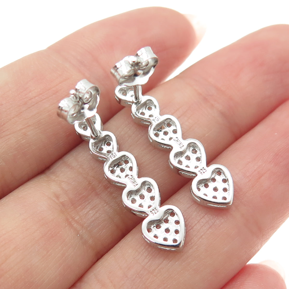 925 Sterling Silver Round-Cut C Z Graduated Heart Link Drop Earrings