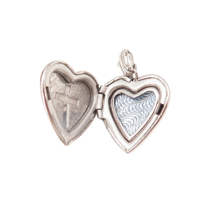 925 Sterling Silver Antique Art Deco Enamel Cross Heart Locket Charm Pendant