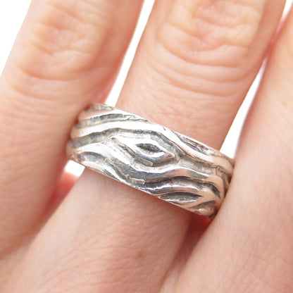 925 Sterling Silver Vintage Modernist Brich Pattern Oxidized Band Ring Size 5.75