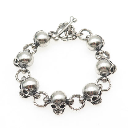 925 Sterling Silver Vintage Skull Link Oxidized Biker Bracelet 7.5"