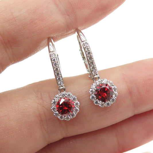 925 Sterling Silver Round-Cut White & Red C Z Dangling Earrings