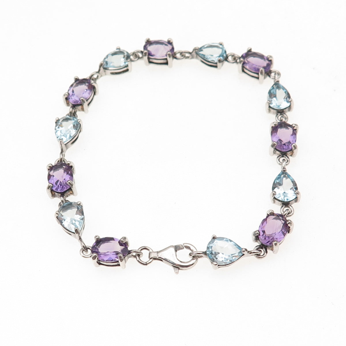 925 Sterling Silver Vintage Real Blue Topaz & Amethyst Bracelet 7.25"