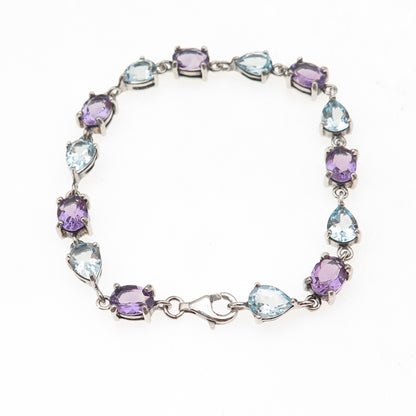 925 Sterling Silver Vintage Real Blue Topaz & Amethyst Bracelet 7.25"