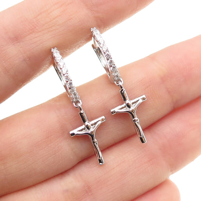 925 Sterling Silver Round-Cut C Z Crucifix Cross Dangle Hoop Earrings