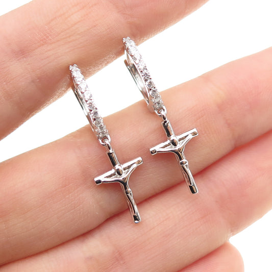 925 Sterling Silver Round-Cut C Z Crucifix Cross Dangle Hoop Earrings