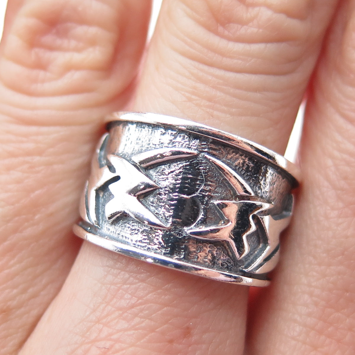 925 Sterling Silver Vintage Modernist Oxidized Biker Ring Size 7.75