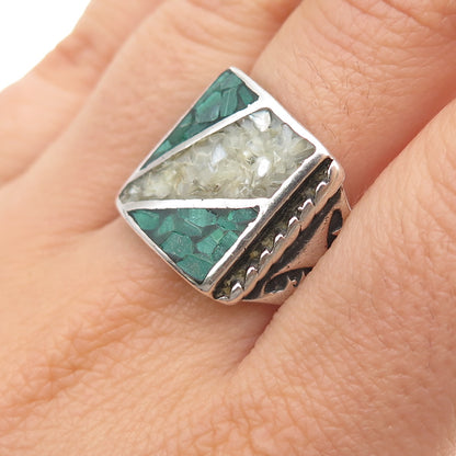 Old Pawn Sterling Silver Vintage Southwestern Malachite MOP Inlay Ring Size 10.5