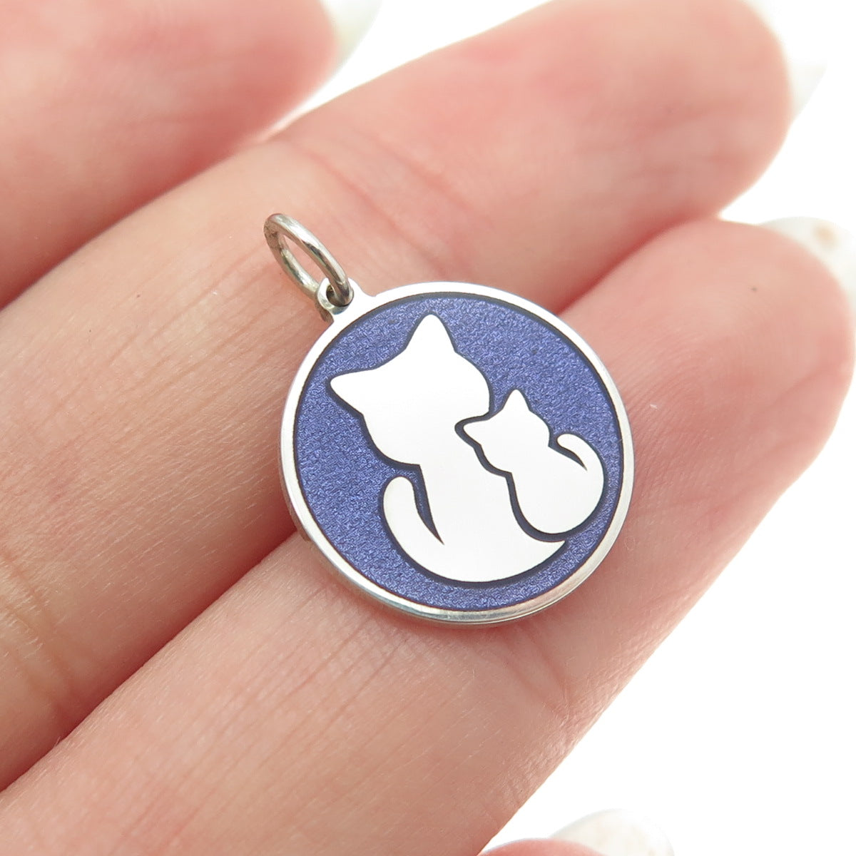 925 Sterling Silver Purple Enamel Cat Mom & Child Round Minimalist Charm Pendant