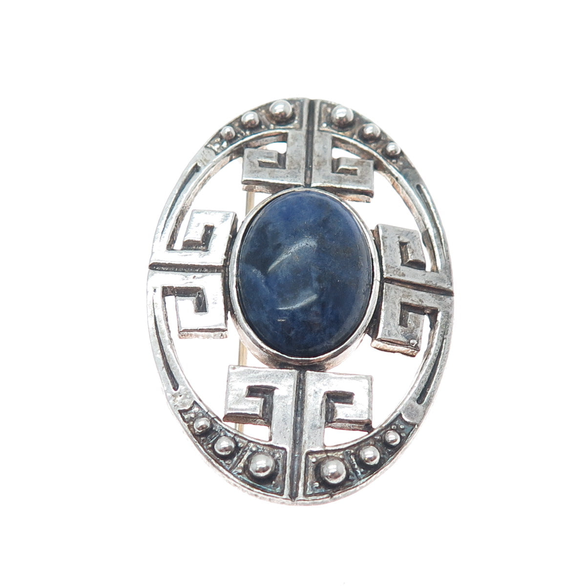 925 Sterling Silver Vintage Real Sodalite Greek Key Oxidized Pin Brooch