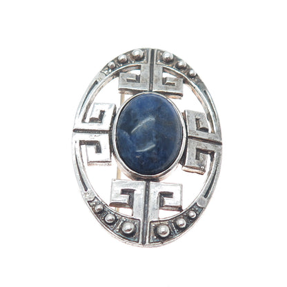 925 Sterling Silver Vintage Real Sodalite Greek Key Oxidized Pin Brooch