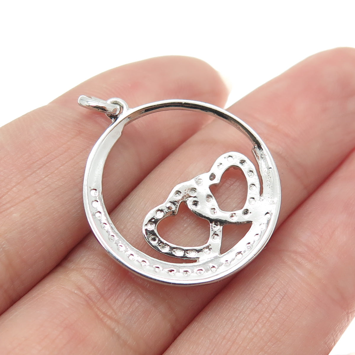 HAN 925 Sterling Silver Round-Cut C Z Crescent Moon Double Heart Pendant