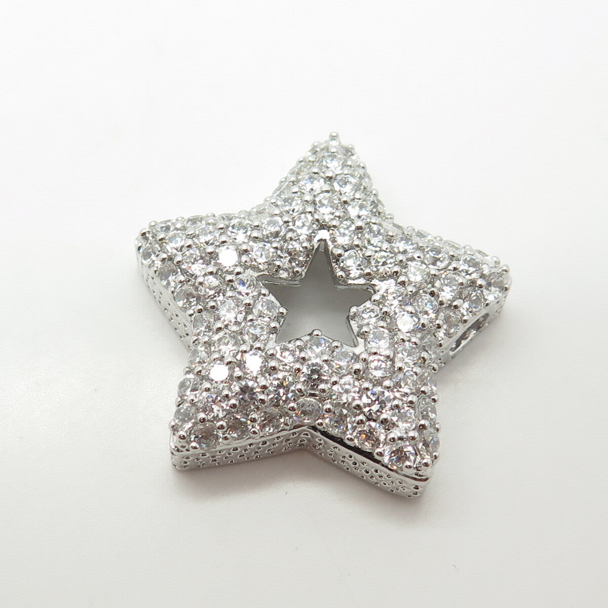 925 Sterling Silver White C Z Cluster Open Star Slide Pendant