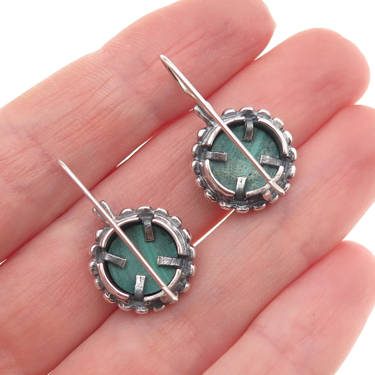 925 Sterling Silver Vintage Real Malachite Beaded Oxidized Dangle Earrings