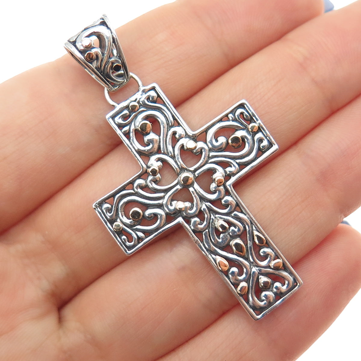 925 Sterling Silver 18K Gold Vintage Floral Cross Oxidized Charm Pendant