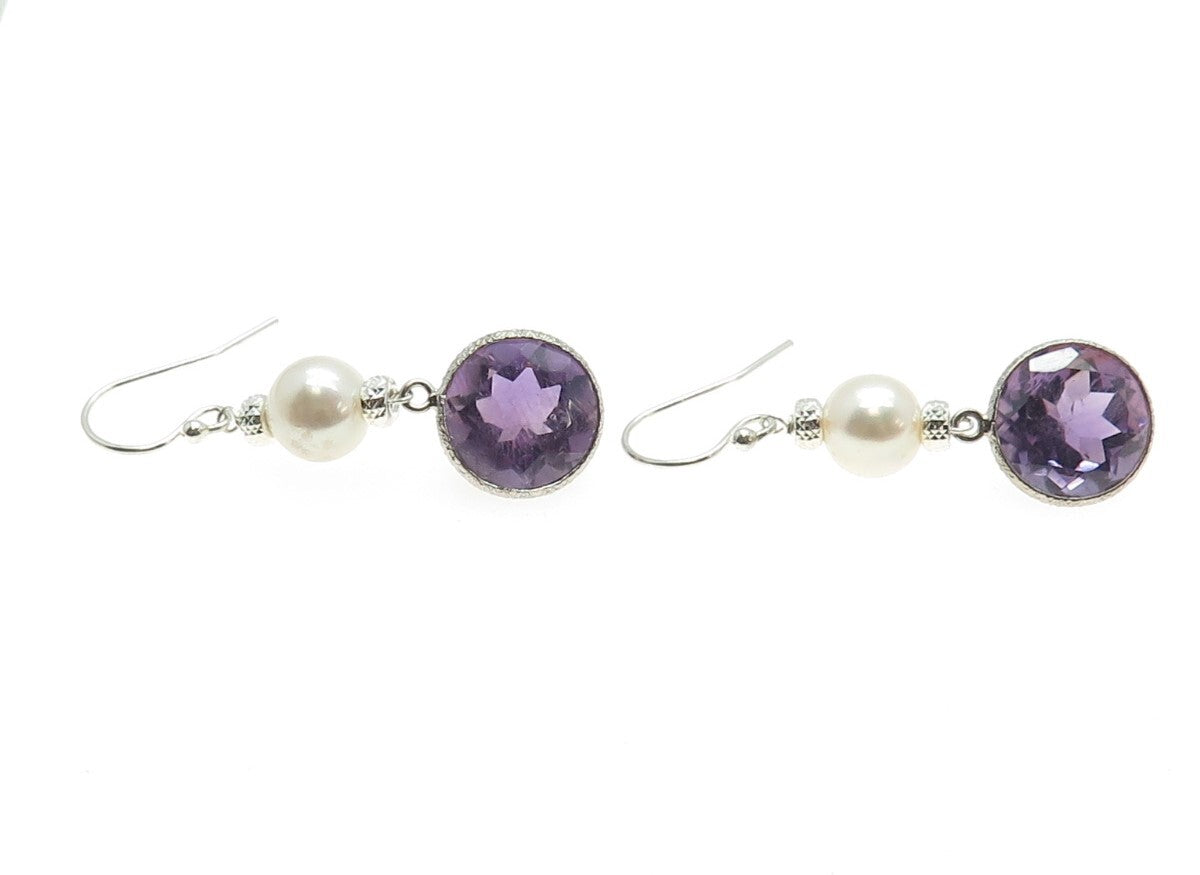 925 Sterling Silver Checkered Amethyst Gem & Faux Pearl Dangle Hook Earrings