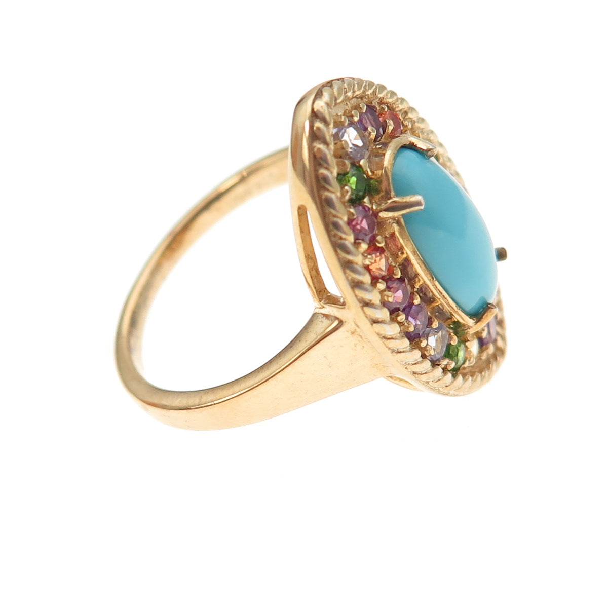 D'Joy 925 Sterling Silver Gold Plated Real Turquoise & Multi-Gem Ring Size 8