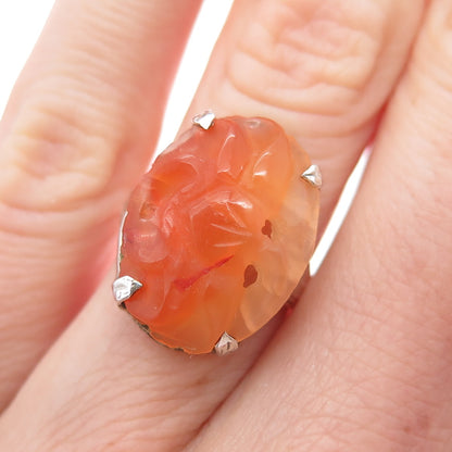 925 Sterling Silver Antique China Real Carved Orange Jade Floral Ring Size 2.75