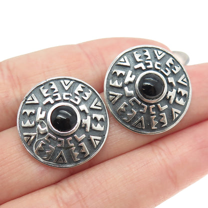 925 Sterling Silver Vintage Real Black Onyx Aztec Symbols Round Earrings