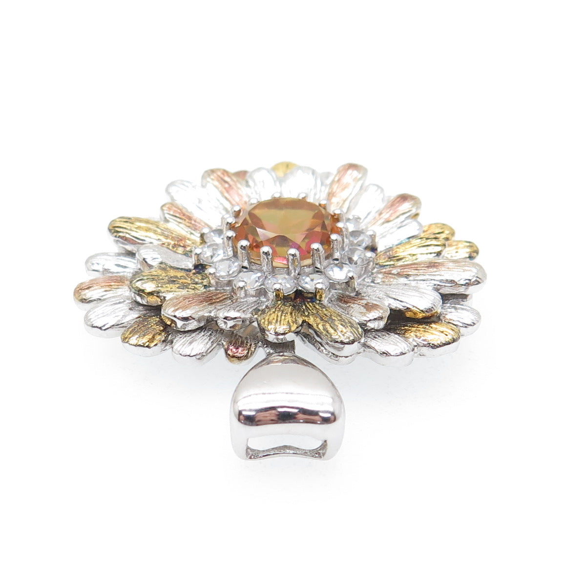 CHUCK CLEMENCY Sterling Silver 3-Tone Real Fire Quartz C Z Flower Heart Pendant