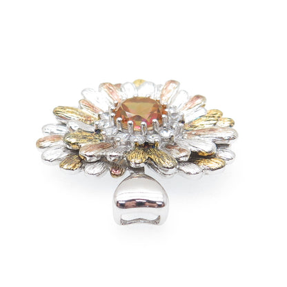 CHUCK CLEMENCY Sterling Silver 3-Tone Real Fire Quartz C Z Flower Heart Pendant