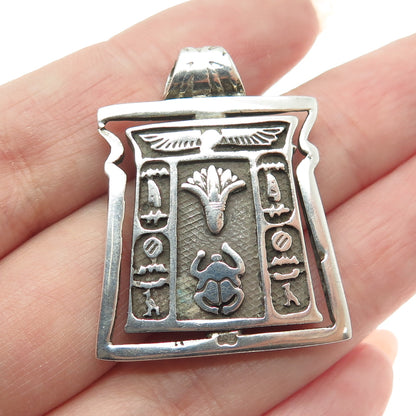 800 Silver Vintage Egyptian Symbols Scarab & Ankh Reversible Oxidized Pendant