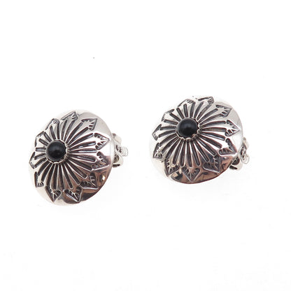 Old Pawn 925 Sterling Silver Vintage Black Onyx Concho Tribal Clip On Earrings