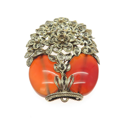 925 Sterling Silver Gold Plated Antique Art Deco Agate Filigree Floral Brooch