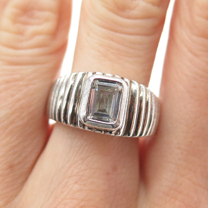925 Sterling Silver Vintage Emerald-Cut C Z Ribbed Ring Size 8.25