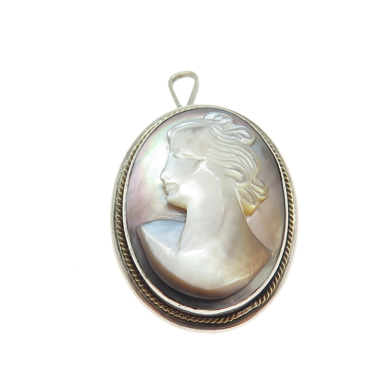 800 Silver 2-Tone Antique Art Deco Real Carved Abalone Shell Lady Cameo Pendant