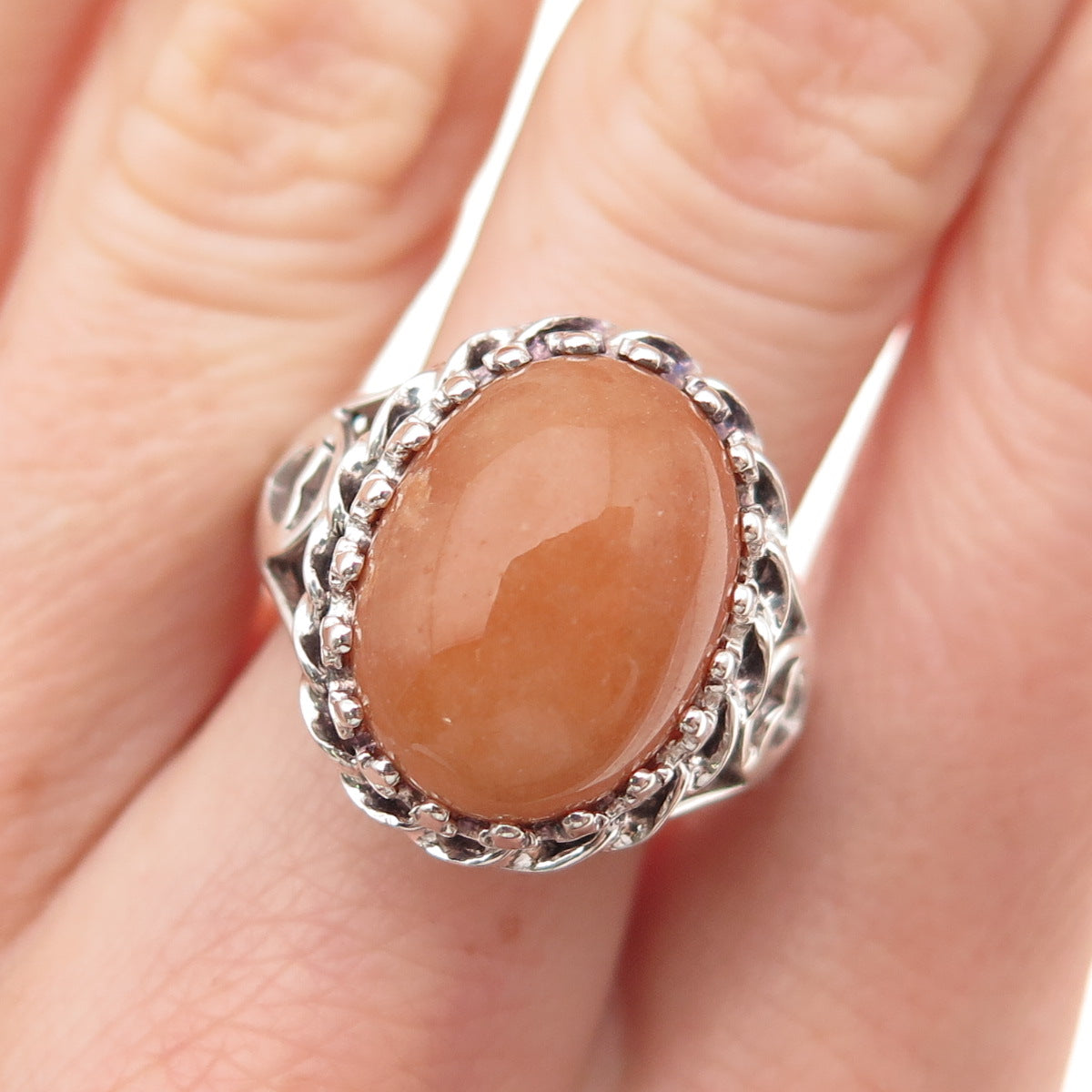 925 Sterling Silver Vintage Real Peach Aventurine Crown Heart Ring Size 8