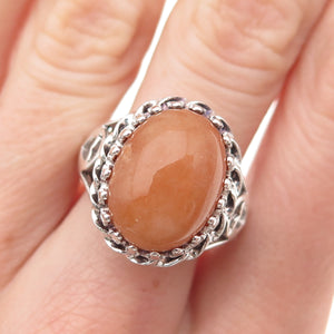 925 Sterling Silver Vintage Real Peach Aventurine Crown Heart Ring Size 8