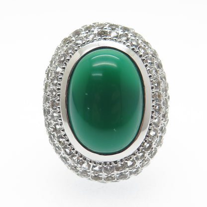 925 Sterling Silver Real Green Onyx & White Topaz Gem Adjustable Ring Size 7.25