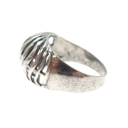 925 Sterling Silver Vintage Modernist Ribbed Dome Oxidized Ring Size 7.75