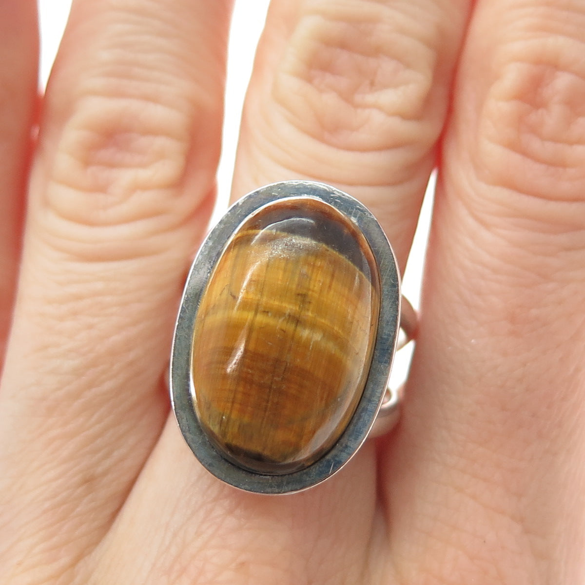 JOSE ANTON 925 Sterling Silver Vintage Mexico Tiger Eye Modernist Ring Size 8.5