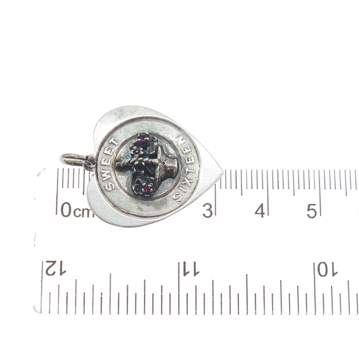 925 Sterling Silver Vintage Rhinestone Sweet Sixteen Heart Charm Pendant