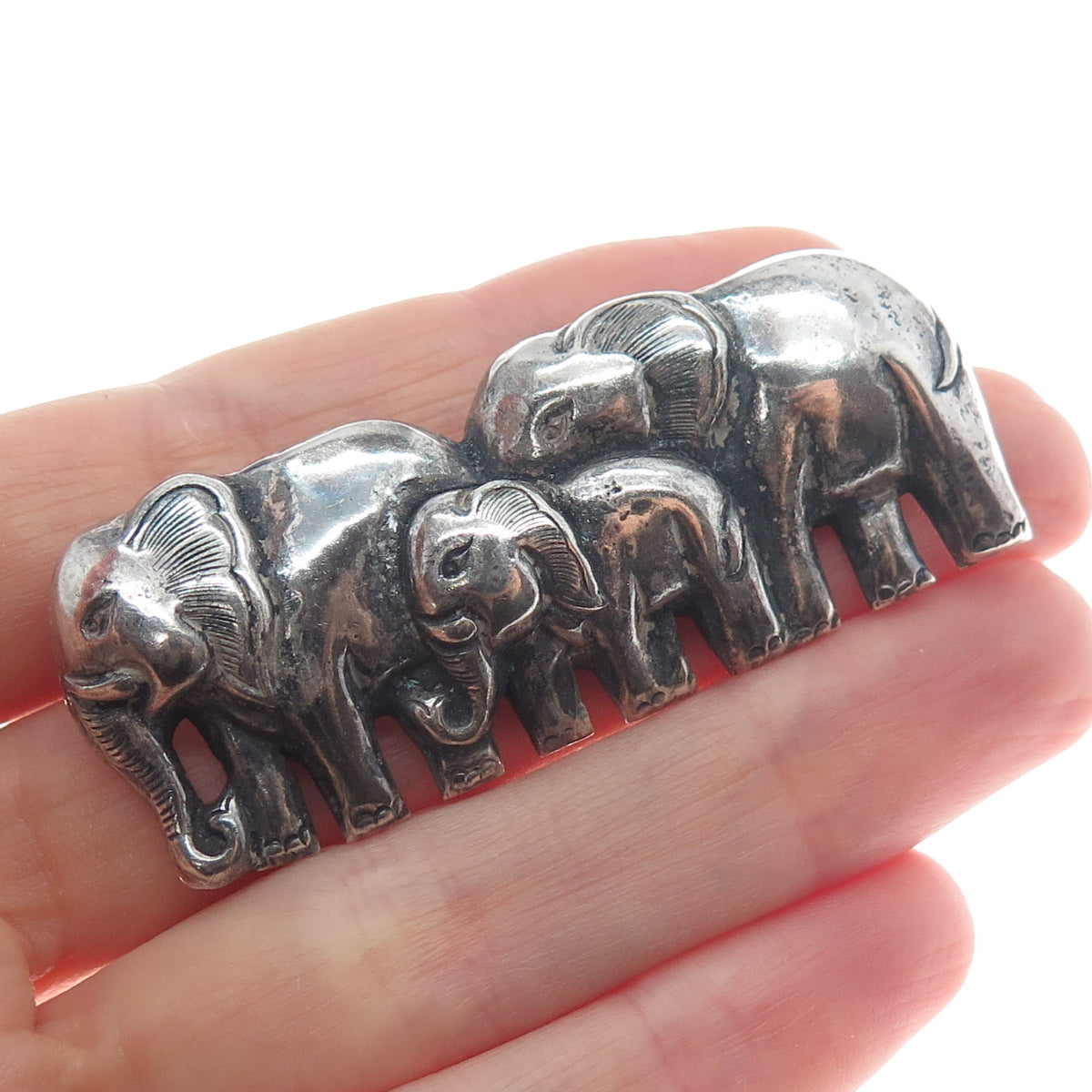 925 Sterling Silver Vintage Herd of Elephants Oxidized Pin Brooch